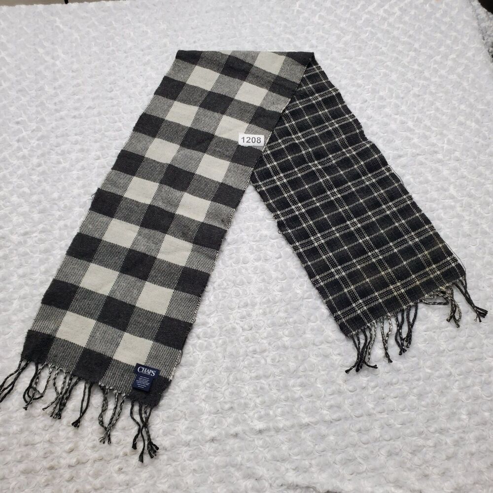 CHAPS Men's Reversible Winter Scarf Buffalo Plaid Check Black Gray Fringe Soft